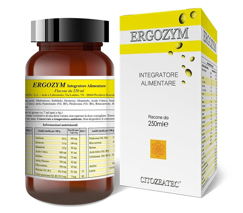 CitoZeatec Ergozym supplement in een donkerblauwe verpakking met witte en groene details op een witte achtergrond.
