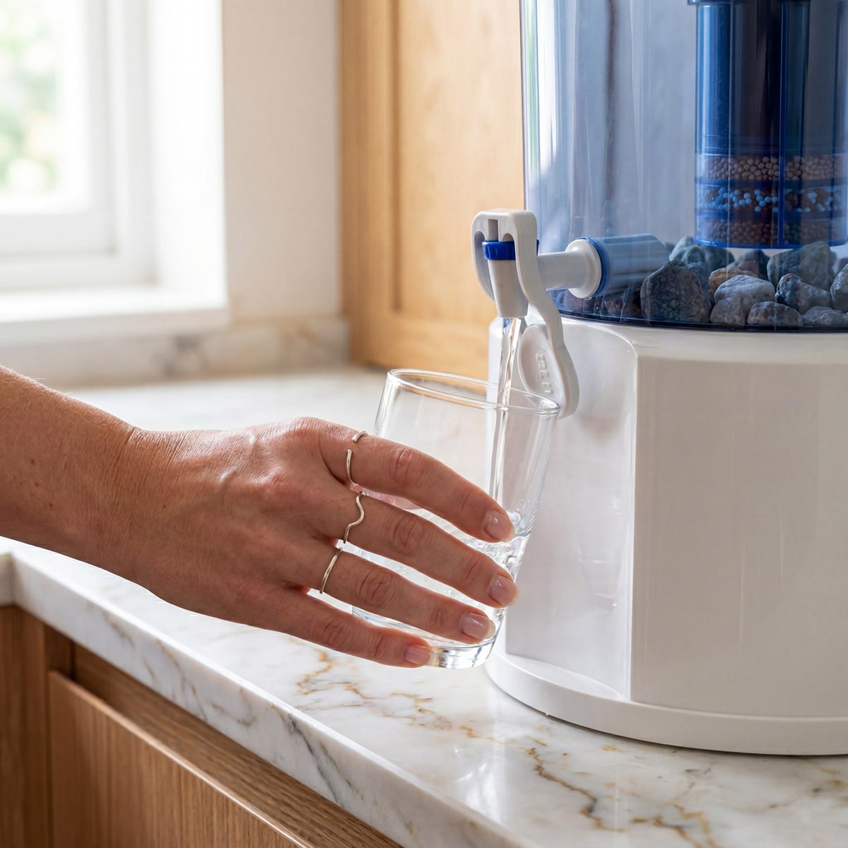 Helder waterfilter van 18 liter van Aqualine, met glazen reservoir en wateruitlaatknop.