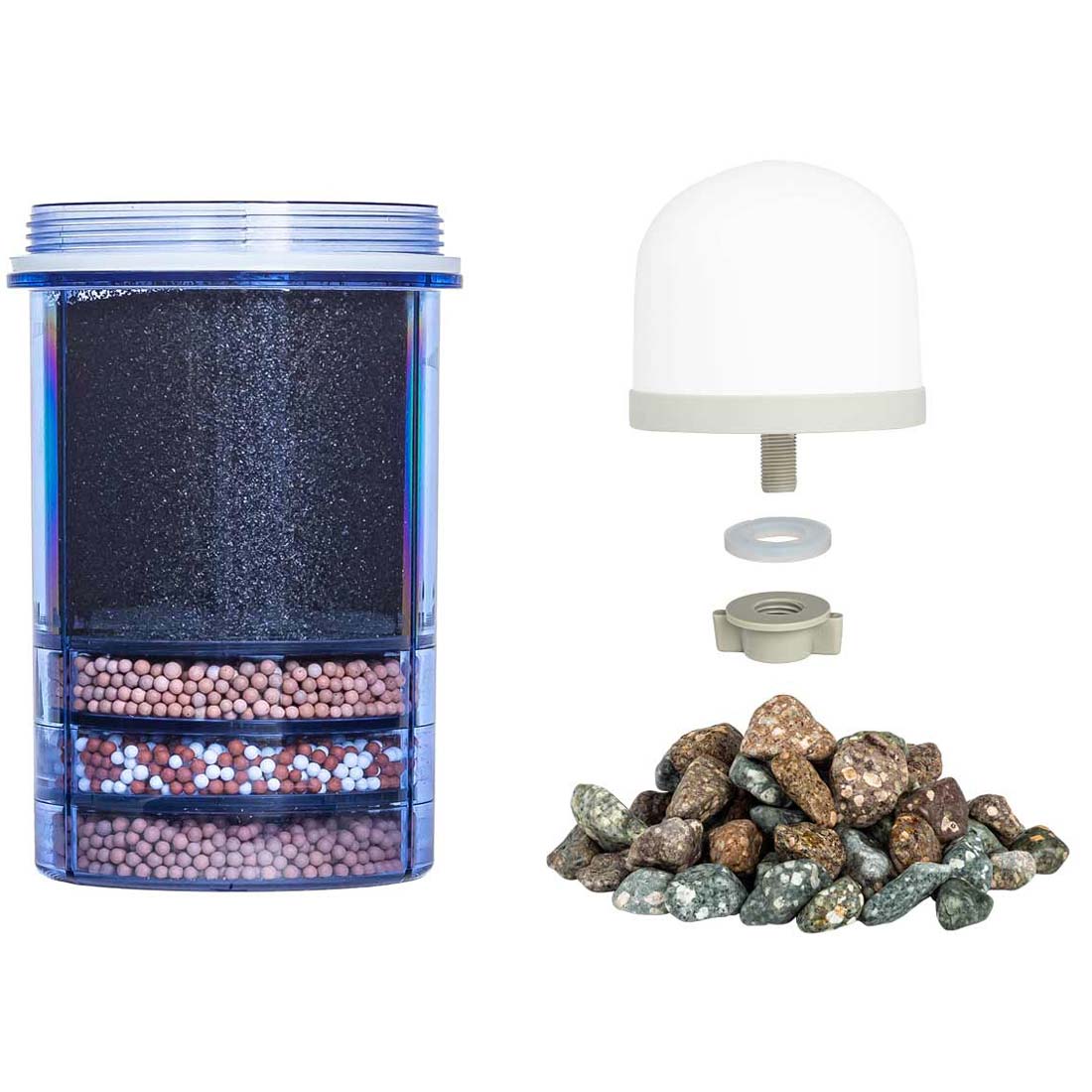Aqualine 12 liter jaarset met filters en mineraalstenen voor waterverbetering, zichtbaar in de afbeelding