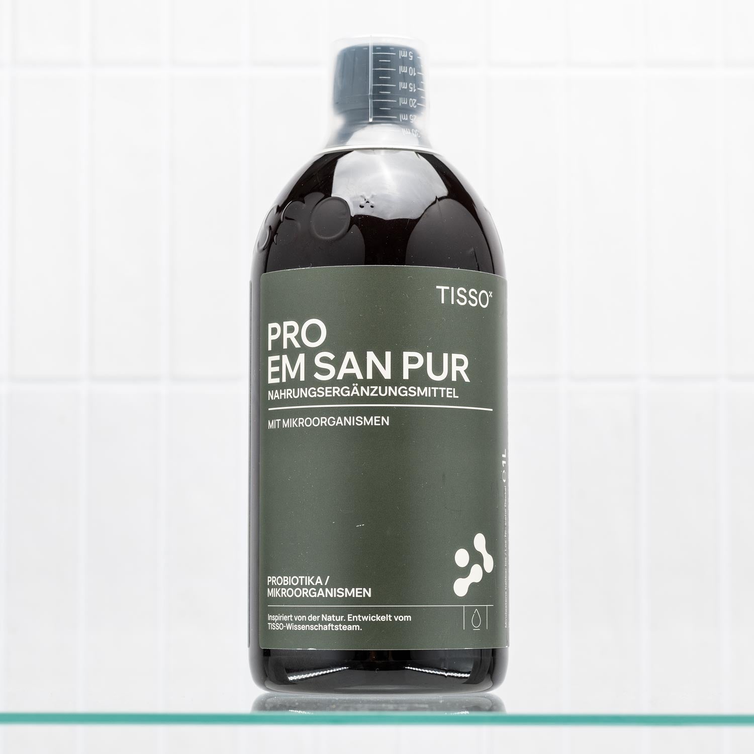 TISSO PRO EM SAN PUR probiotics dietary supplement bottle on white tiled background